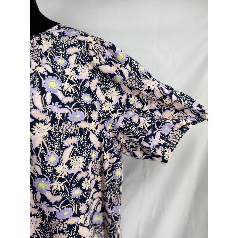 Ava & Viv Womens 2X Floral Cotton Shift Dress Navy Purple Tiered Puff Sleeve - Picture 5 of 8